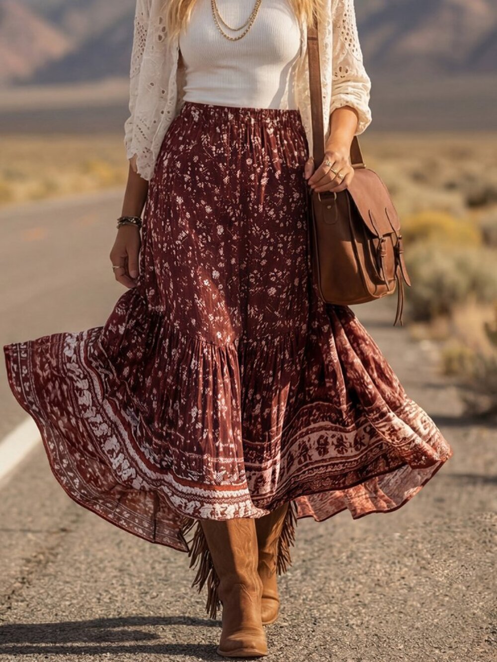 Multicolor Boho Women's Western Style Ditsy Floral Casual Skirt - Picture 7 of 8